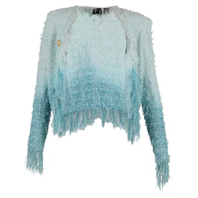 Balmain Fringe Dip Dye Jacket In Blue Tweed