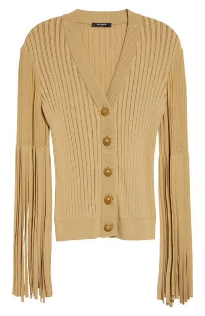 Balmain Fringe Sleeves Pointelle Rib Cardigan In Brown