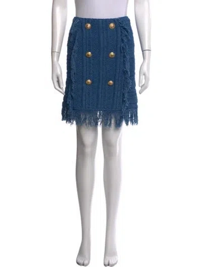 Pre-owned Balmain Fringe Trim Accent Mini Skirt In Blue