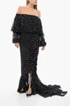 Balmain Fringed Dotted Off-the-shoulder Long Dress In Black