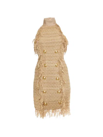 Pre-owned Balmain Fringed Halterneck Mini Dress In Neutral