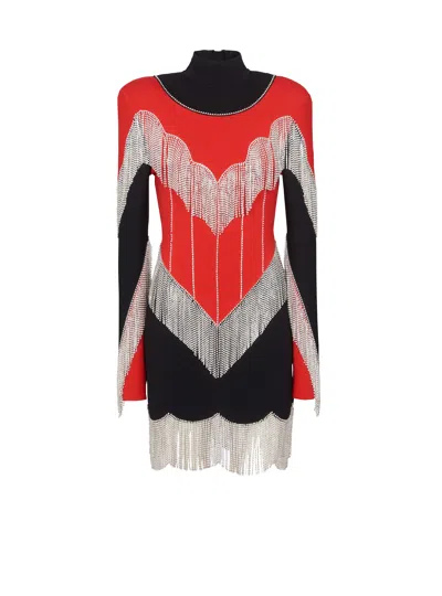 Balmain Fringed Knit Dress In Multi