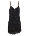 Balmain Chain-embellished Fringed Sequined Bouclé-tweed Mini Dress In Black