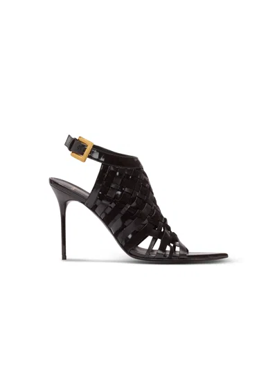 Balmain Fringed Patent Leather Sandals In Black