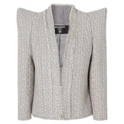 Pre-owned Balmain Fringed Sequin-embellished Tweed Monogram Blazer In Gray