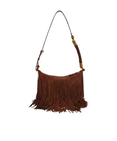 Balmain Ebene Fringed Suede Shoulder Bag In Burgundy