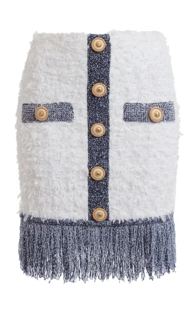 Balmain Fringed Tweed Skirt In White