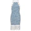 Balmain Fringed Denim Tweed Dress In Blue
