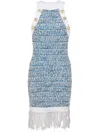 Balmain Fringed Denim Tweed Dress In Blue