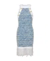 Balmain Fringed Denim Tweed Dress In Blue