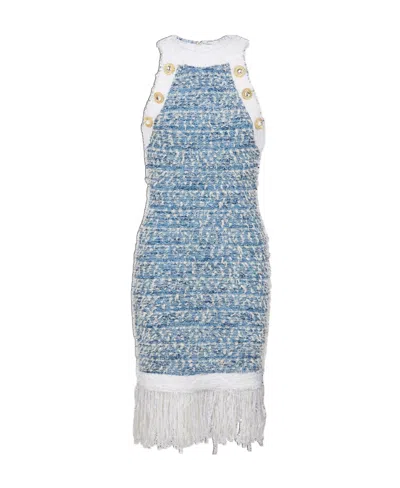 BALMAIN BALMAIN FRINGED DENIM TWEED DRESS