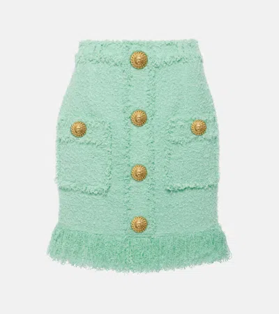 Balmain Fringed Tweed Miniskirt In Green
