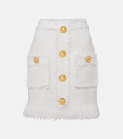 Balmain Fringed Tweed Miniskirt In White