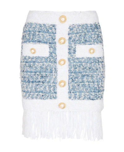 BALMAIN BALMAIN BUTTONED DENIM FRINGED TWEED MINI SKIRT