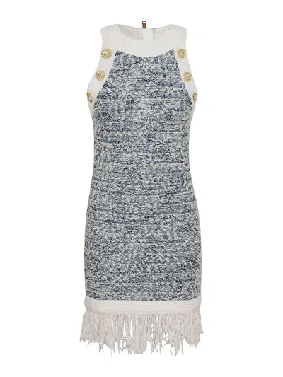 Balmain Fringed Tweed Short Dress In Blue