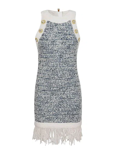 Balmain Fringed Denim Tweed Dress In Blue