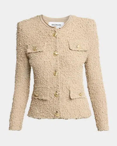 Balmain Fringed Tweed Single-breasted Lady Jacket In Neutral