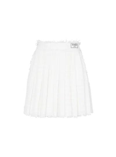 Balmain Fringed Tweed Skater Skirt In Neutral