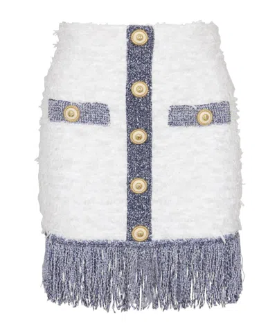 Balmain Fringed Tweed Skirt In White