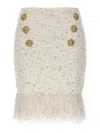 Balmain Tweed Skirt With Fringed Hem And Gold-tone Buttons In Blanco