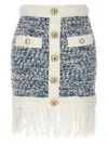 Balmain Frayed Button-embellished Tweed Mini Skirt In Blue