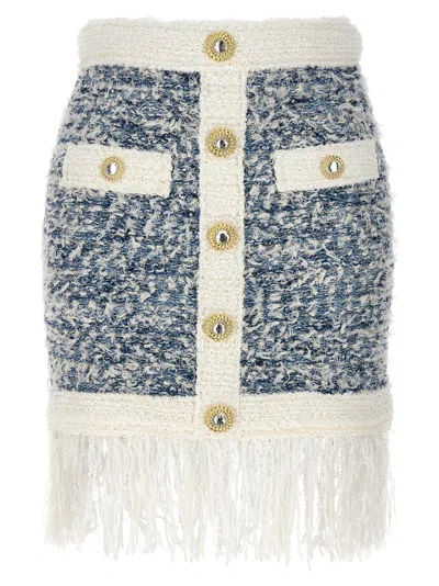 Balmain Fringed Tweed Skirt In Navy