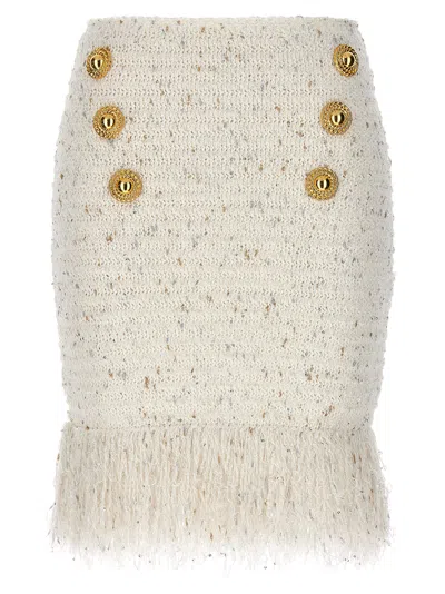 Balmain Tweed Skirt With Fringed Hem And Gold-tone Buttons In White
