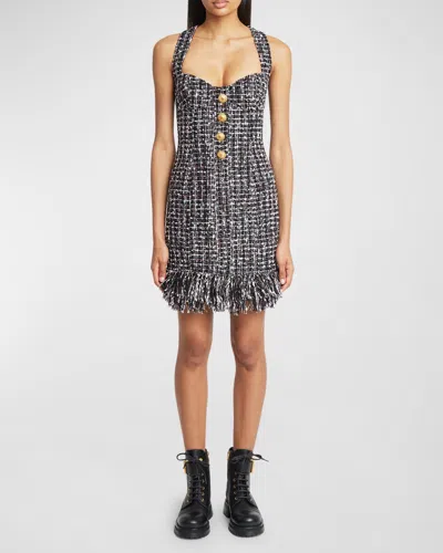 Balmain Fringed Tweed Sweetheart Mini Dress In Black