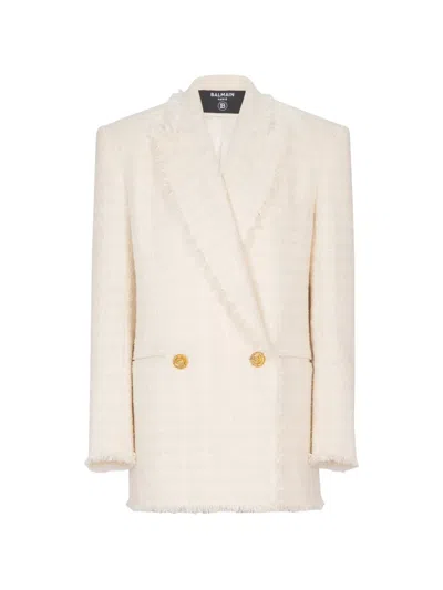 Balmain Fringed Two-button Tweed Jacket In Neutral