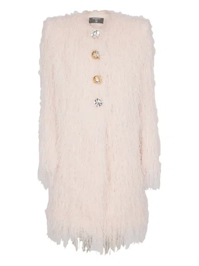 Balmain Fringes Button Coat In Neutral