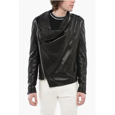 Balmain Front Draped Leather Jacket With Decentralized Zip In Black