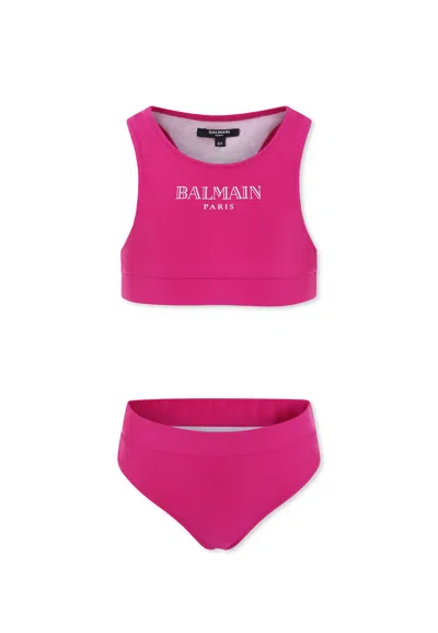 Balmain Kids' Fuchsia Bikini For Girl With Logo In Pink