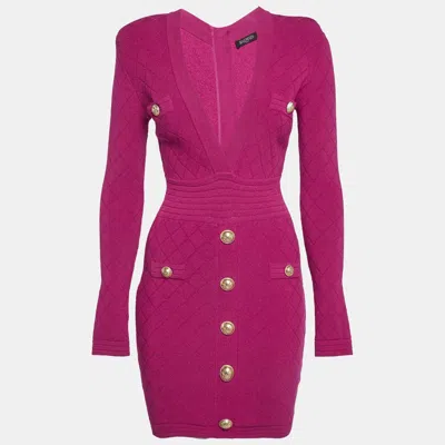 Pre-owned Balmain Fuchsia Pink Jacquard Knit Button Detail Mini Dress S
