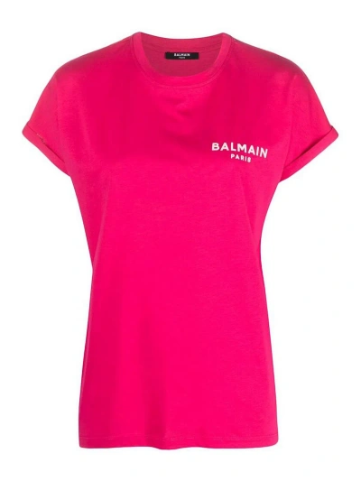 Balmain Fuchsia Pink Logo Print Crew Neck  T-shirt In Nude & Neutrals