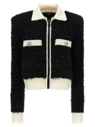 Balmain Buttoned Furry Tweed Cardigan In Eer Noir Naturel