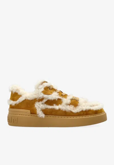 Balmain Fur-trimmed Low-top Sneakers In Brown