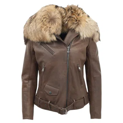 Pre-owned Balmain Fw 2011 Decarnin Brown Leather Fur Trim Moto Aviator Jacket Fr 42