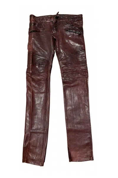 Pre-owned Balmain Fw2013 Oxblood Lambskin Leather Biker Pants Red