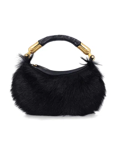 Balmain Genuine Fur Handbag With Leather Handle In Black