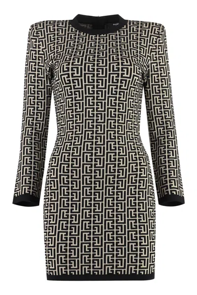 Balmain Geometric Jacquard Wool Dress For Women In Animal Print