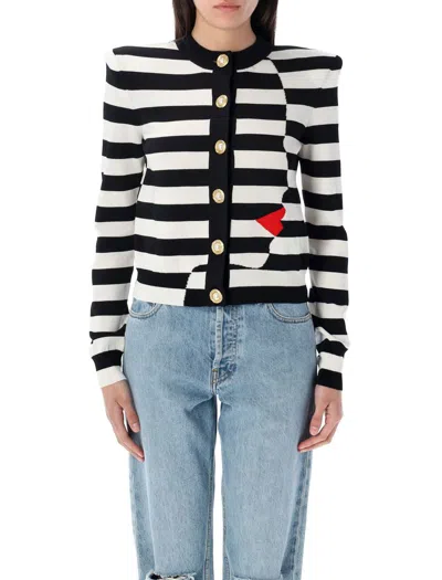 BALMAIN BALMAIN FACE MOTIF KNIT MARINIÈRE CARDIGAN