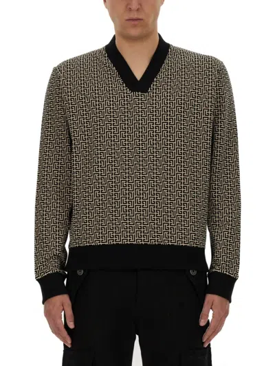 Balmain Geometric Monogram Jersey With Deep V-neckline In Multicolour