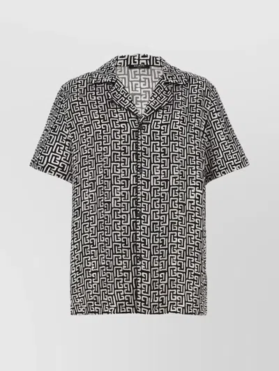Balmain Black And White Bowling Shirt With All-over Monogram