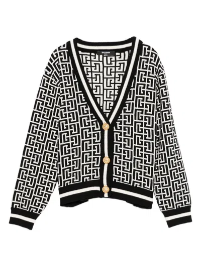 Balmain Kids' Geometric-pattern Button Cardigan In Black
