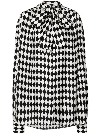 Balmain Ls Lavalliere Diamond Print Silk Shirt In Multi