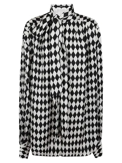 Balmain Ls Lavalliere Diamond Print Silk Shirt In Multi