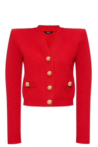 Balmain V-neck Vichy Knit Cardigan In Red
