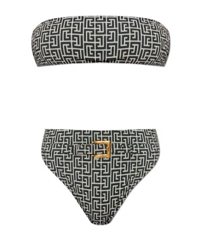 Balmain Geometric-print Belted Bikini In Black