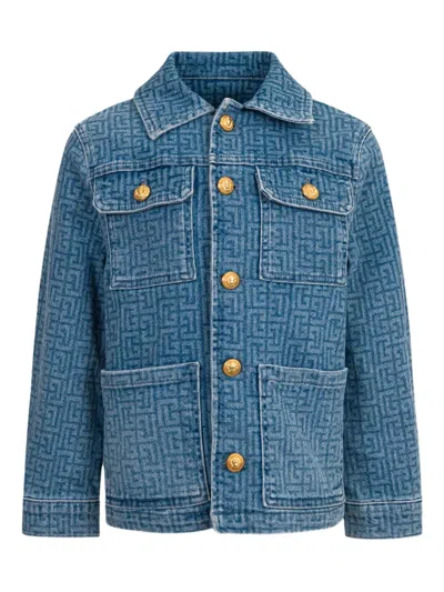 Balmain Kids' Geometric-print Denim Jacket In Blue