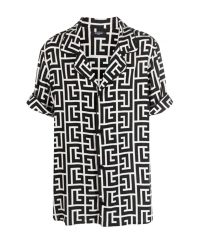 Balmain Monogram Printed Short-sleeved Shirt In Black